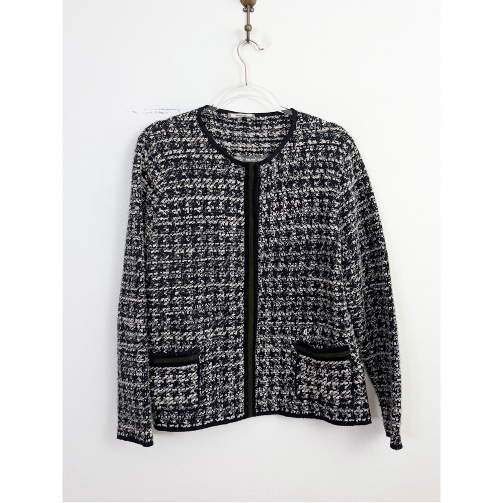 Elena Miro Bouclé Knit Open Front Cardigan Navy Cream Wool Blend M